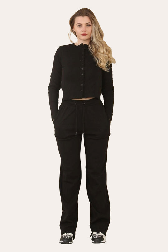 Fine Rib Button-Up Cardigan & Trousers Loungewear Set in Black