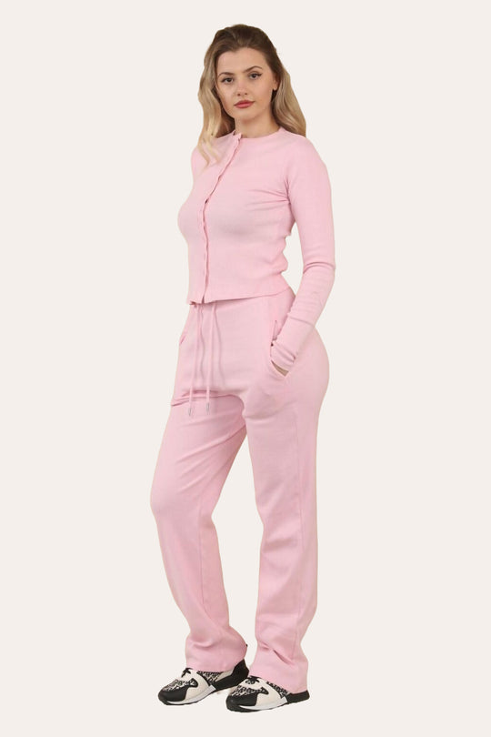 Fine Rib Button-Up Cardigan & Trousers Loungewear Set in Baby Pink