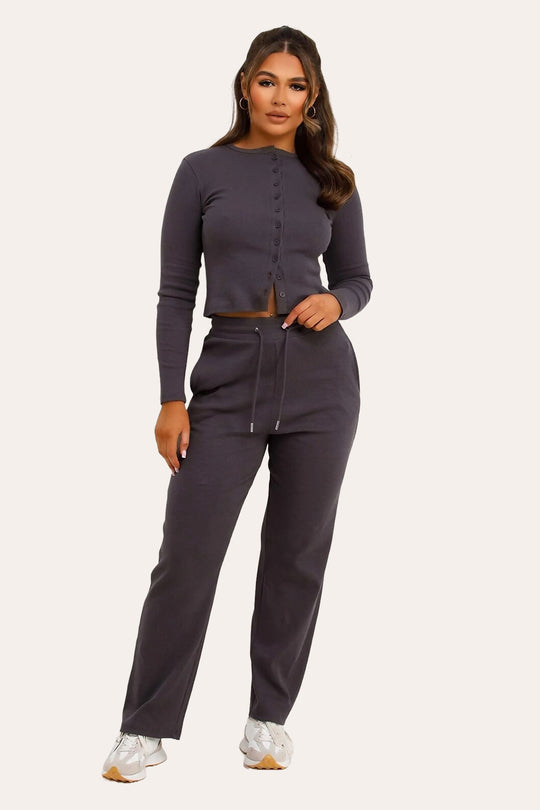 Fine Rib Button-Up Cardigan & Trousers Loungewear Set in Slate Grey