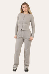 Fine Rib Button-Up Cardigan & Trousers Loungewear Set in Dove Grey