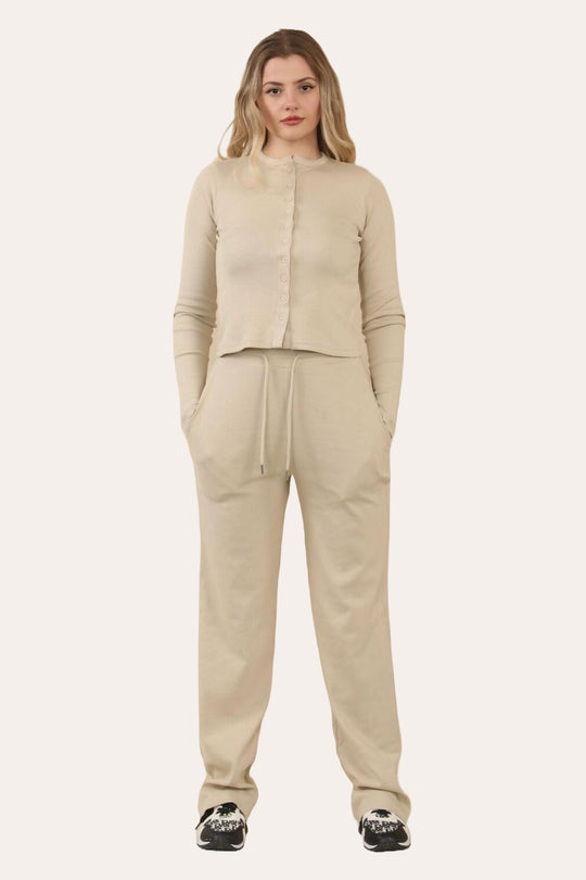 Fine Rib Button-Up Cardigan & Trousers Loungewear Set in Oatmeal