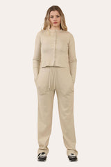 Fine Rib Button-Up Cardigan & Trousers Loungewear Set in Oatmeal