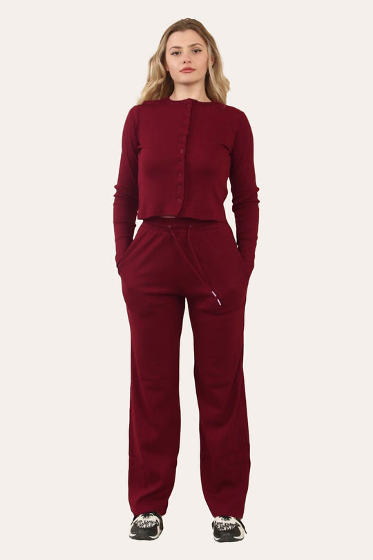 Fine Rib Button-Up Cardigan & Trousers Loungewear Set in Wine