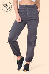 Women's charcoal cargo pants with stretch fabric and cuffed legs