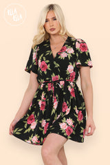 Flared Sleeve Floral Tie Waist Dress in Black front 2