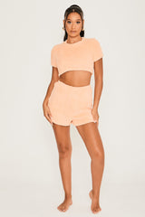 Fluffy Cropped Loungewear Tops and High Waist Shorts Co-Ord in Coral