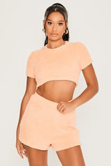 Fluffy Cropped Loungewear Tops and High Waist Shorts Co-Ord in Coral
