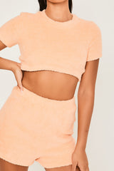 Fluffy Cropped Loungewear Tops and High Waist Shorts Co-Ord in Coral