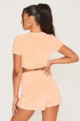 Fluffy Cropped Loungewear Tops and High Waist Shorts Co-Ord in Coral