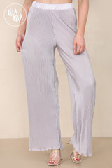 High Waisted Crinkle Plisse Flared Trousers in Grey details