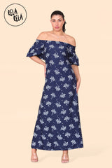 Floral Bardot Puff Sleeve Belted Maxi Dress in Navy Front