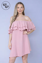 Double Frill Off Shoulder Bardot Swing Holiday Dress in Rose Pink front