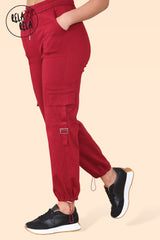 Chic Elasticated Cargo Trousers with Pockets in Wine