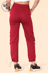Chic Elasticated Cargo Trousers with Pockets in Wine