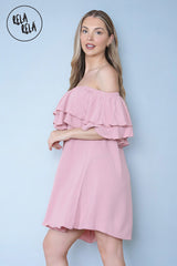 Double Frill Off Shoulder Bardot Swing Holiday Dress in Rose Pink side