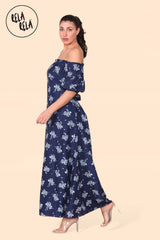 Floral Bardot Puff Sleeve Belted Maxi Dress in Navy Side