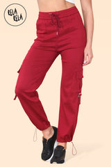Chic Elasticated Cargo Trousers with Pockets in Wine