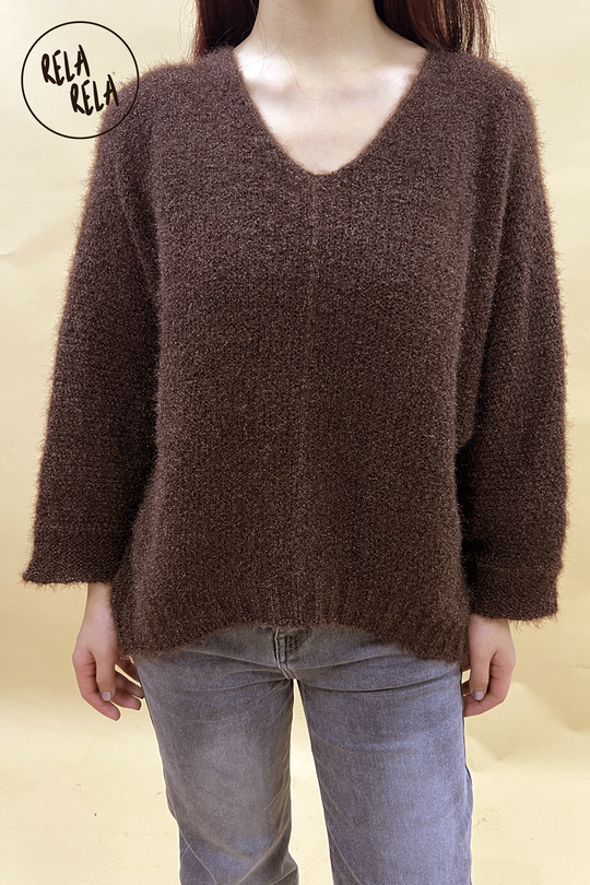 Super Soft Cosy V Neck Drop Shoulder Chocolate Jumper