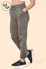 Side angle showing pocket details on ladies khaki cargo trousers