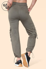 Back view of high waisted cargo pants for women with tapered hems in khaki
