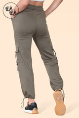 Back profile of women's tapered cargo pants with stretch fabric in khaki