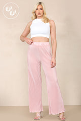 High Waisted Crinkle Plisse Flared Trousers in Rose Pink front