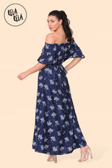 Floral Bardot Puff Sleeve Belted Maxi Dress in Navy Back