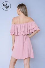 Double Frill Off Shoulder Bardot Swing Holiday Dress in Rose Pink back