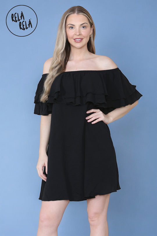 Double Frill Off Shoulder Bardot Swing Holiday Dress in Black