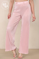 High Waisted Crinkle Plisse Flared Trousers in Rose Pink details