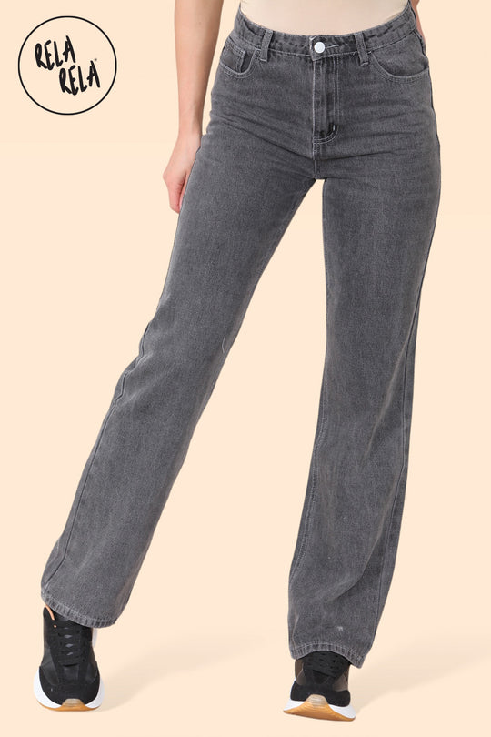 Classic High-Waist Rhinestone Detailed Straight Leg Jeans in Charcoal Gray