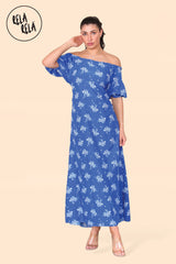 Floral Bardot Puff Sleeve Belted Maxi Dress in Royal Blue Detail