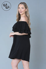 Double Frill Off Shoulder Bardot Swing Holiday Dress in Black side