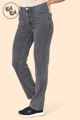 Classic High-Waist Rhinestone Detailed Straight Leg in Charcoal Gray side