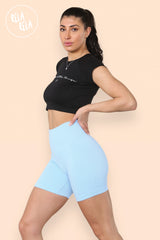 Thick Ribbed High Waisted Cycling Shorts Gym Shorts in Baby Blue side