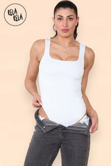 Model wearing white square neck bodysuit front view