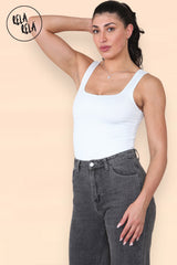 Side profile showing double layer white seamless bodysuit fit