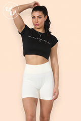 Thick Ribbed High Waisted Cycling Shorts Gym Shorts in Cream front 2