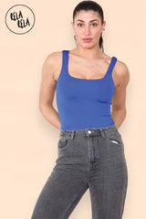 Model wearing royal blue square neck bodysuit front view