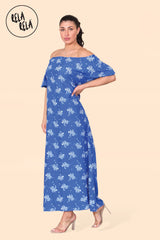 Floral Bardot Puff Sleeve Belted Maxi Dress in Royal Blue Front