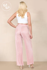 High Waisted Crinkle Plisse Flared Trousers in Rose Pink back