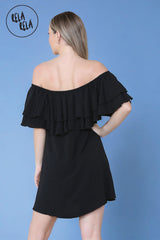 Double Frill Off Shoulder Bardot Swing Holiday Dress in Black back