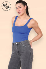 Side profile showing double layer seamless bodysuit fit in royal blue