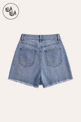 Flat lay of the Blue multi-button stretchy denim skorts against a white background, showcasing the premium denim texture, built-in shorts, and back pockets details.