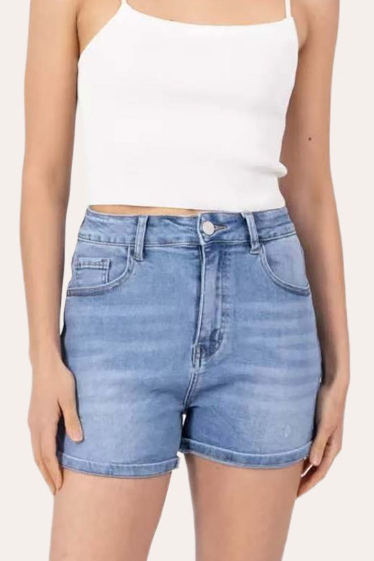 Stretch High Waisted Turn Up Denim Shorts in Blue