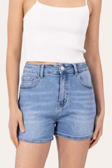 Blue stretchy high waisted denim shorts styled with summer top, elastic waist fit