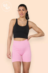 Thick Ribbed High Waisted Cycling Shorts Gym Shorts in Pink front 2