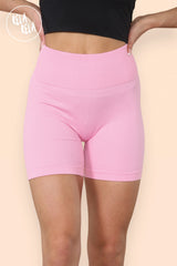 Thick Ribbed High Waisted Cycling Shorts Gym Shorts in Pink detailed