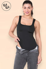 Flat lay of seamless black shapewear bodysuit with thong bottom