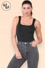 Model wearing black square neck bodysuit front view